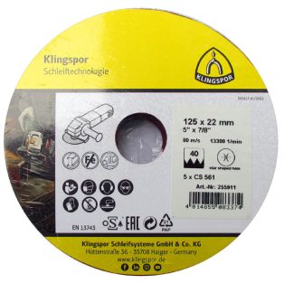   Klingspor CS 561 Fíbertárcsák, 125 x 22 mm szemcse 60 csillag bevágású, Kiagasztható fóliás csom., 255912